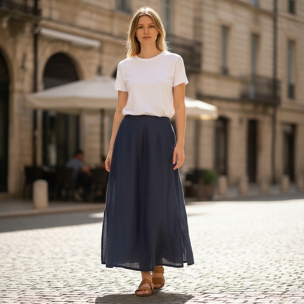 Kiko Maxi Skirt Womens Medium Navy Blue 100% Linen Long Vtg Quiet Luxury